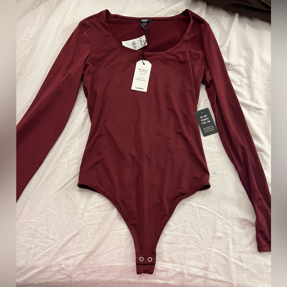 Express Body Contour Compression Scoop Neck Thong Bodysuit Deep Red Size Small